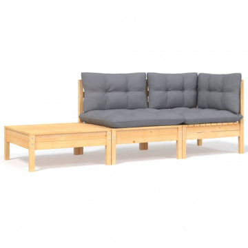 Set mobilier grădină cu perne, 3 piese, gri, lemn masiv pin - Img 1