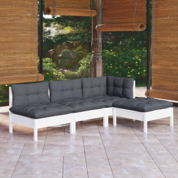 Set mobilier grădină cu perne, 4 piese, alb, lemn de pin - Img 1