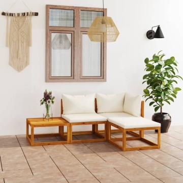 Set mobilier grădină cu perne, 4 piese, crem, lemn masiv acacia - Img 1