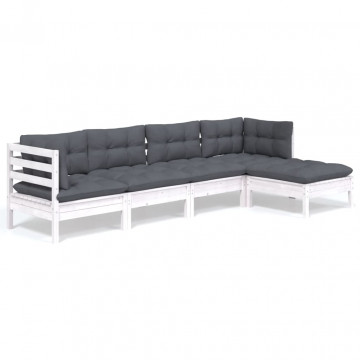 Set mobilier grădină cu perne, 5 piese, alb, lemn de pin - Img 2