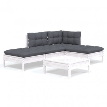 Set mobilier grădină cu perne, 5 piese, alb, lemn de pin - Img 2