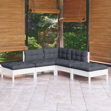 Set mobilier grădină cu perne, 5 piese, alb, lemn de pin - Img 1