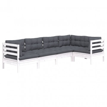 Set mobilier grădină cu perne, 5 piese, alb, lemn de pin - Img 3