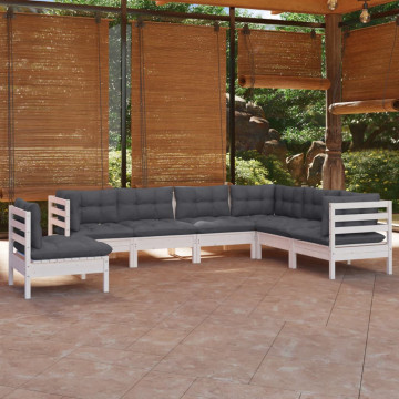 Set mobilier grădină cu perne, 7 piese, alb, lemn masiv de pin - Img 1