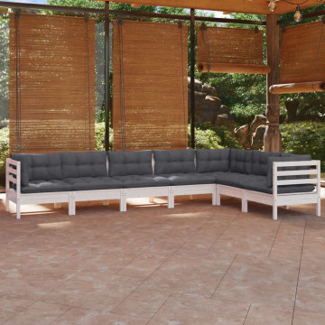 Set mobilier grădină cu perne, 7 piese, alb, lemn masiv de pin - Img 1