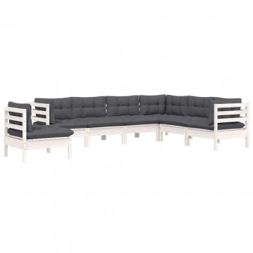 Set mobilier grădină cu perne, 7 piese, alb, lemn masiv de pin - Img 3