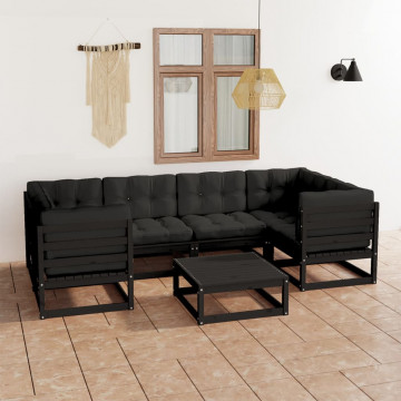 Set mobilier grădină cu perne, 7 piese, negru, lemn masiv pin - Img 1
