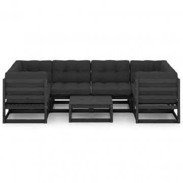 Set mobilier grădină cu perne, 7 piese, negru, lemn masiv pin - Img 7