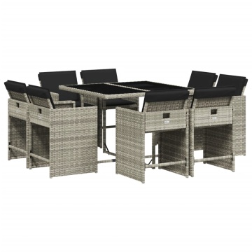 Set mobilier grădină cu perne, 9 piese, gri deschis, poliratan - Img 2
