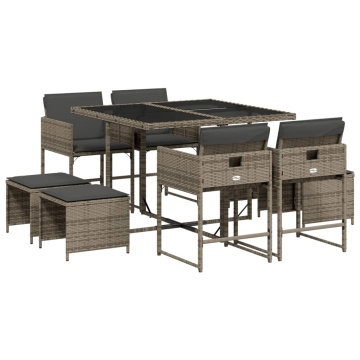 Set mobilier grădină cu perne, 9 piese, gri, poliratan - Img 2
