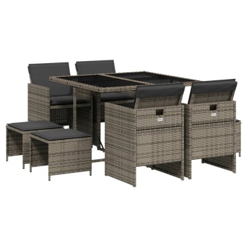 Set mobilier grădină cu perne, 9 piese, gri, poliratan - Img 2