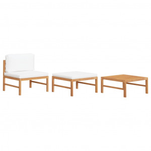 Set mobilier grădină cu perne crem, 3 piese, lemn de tec - Img 1