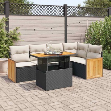 Set mobilier grădină perne 6 piese negru poliratan/lemn acacia - Img 1