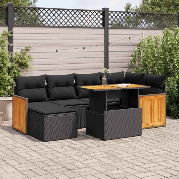 Set mobilier grădină perne 8 piese negru, poliratan/lemn acacia - Img 1