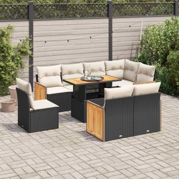 Set mobilier grădină perne 9 piese negru poliratan/lemn acacia - Img 1