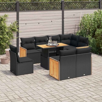Set mobilier grădină perne 9 piese negru poliratan/lemn acacia - Img 1