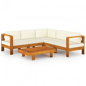 Set mobilier grădină perne alb/crem, 6 piese, lemn masiv acacia - Img 1