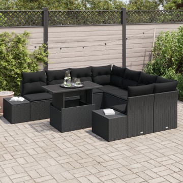 Set Sofă Grădină 9 Piese Negru Ratan, Poliester, Sticlă - Img 3