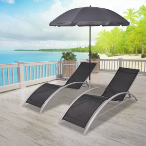 Șezlonguri de plajă cu umbrelă, negru, aluminiu - Img 1