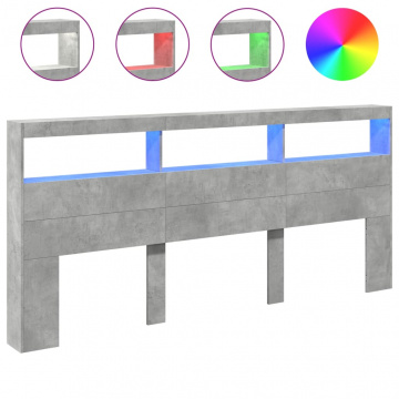 Tăblie de pat cu dulap și LED, gri beton, 220x17x102 cm - Img 2