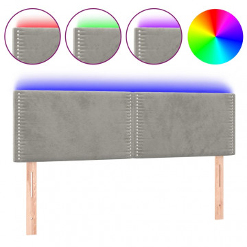 Tăblie de pat cu LED, gri deschis, 144x5x78/88 cm, catifea - Img 2