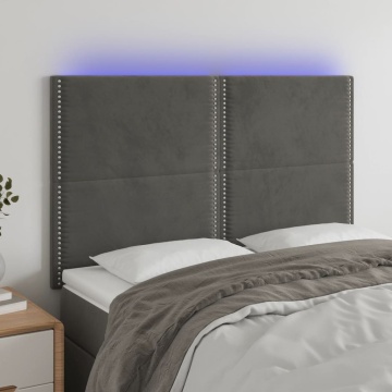 Tăblie de pat cu LED, gri închis, 144x5x118/128 cm, catifea - Img 1
