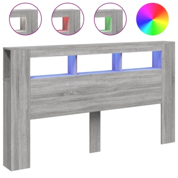 Tăblie de pat cu LED, gri sonoma, 160x18,5x103,5 cm, lemn - Img 2