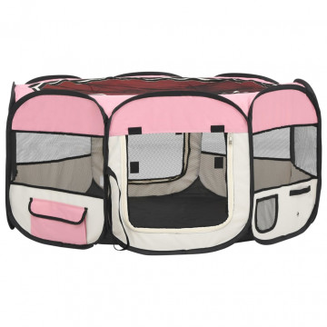 Țarc de câini pliabil cu sac de transport, roz, 145x145x61 cm - Img 2
