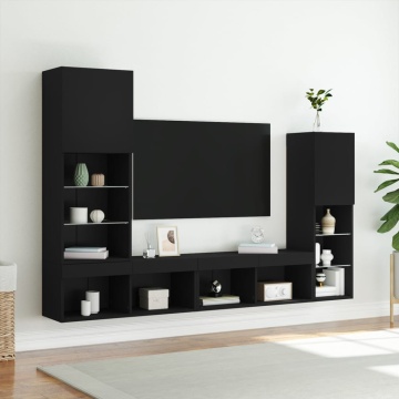 Unități de perete TV cu LED-uri, 4 piese, negru, lemn prelucrat - Img 4