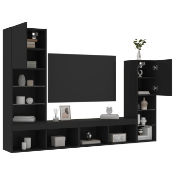 Unități de perete TV cu LED-uri, 4 piese, negru, lemn prelucrat - Img 8
