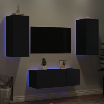 Unități de perete TV cu LED-uri, 4 piese, negru, lemn prelucrat - Img 3
