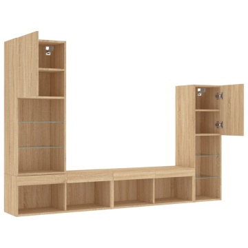 Unități de perete TV cu LED-uri, 4 piese, stejar sonoma, lemn - Img 5