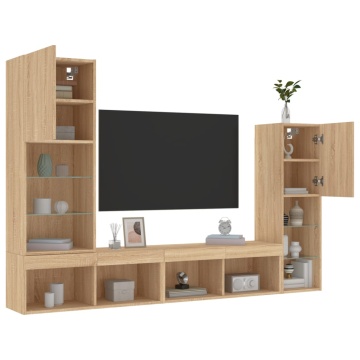 Unități de perete TV cu LED-uri, 4 piese, stejar sonoma, lemn - Img 8