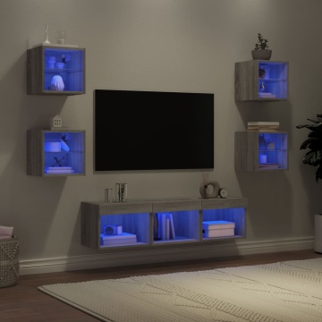 Unități de perete TV cu LED-uri, 7 piese, gri sonoma, lemn - Img 1
