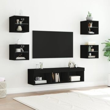 Unități de perete TV cu LED-uri, 7 piese, negru, lemn prelucrat - Img 3