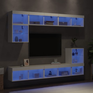 Unități de perete TV cu LED-uri, 8 piese, alb, lemn prelucrat - Img 1