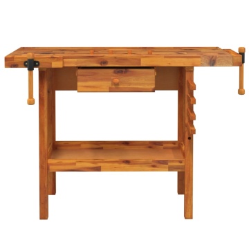 Banc de lucru cu sertar și menghine, 124x52x83 cm, lemn acacia - Img 4