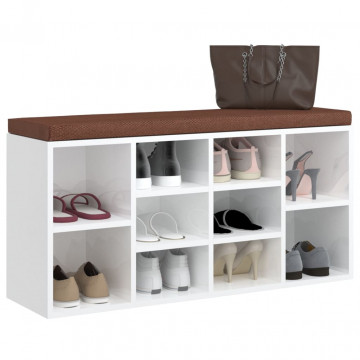 Bancheta pantofar, alb extralucios, 103x30x48 cm, lemn compozit - Img 3