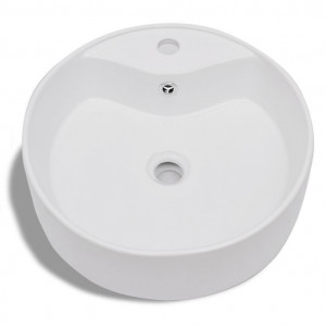 Bazin chiuvetă ceramică baie cu gaură robinet/preaplin, rotund, alb - Img 4