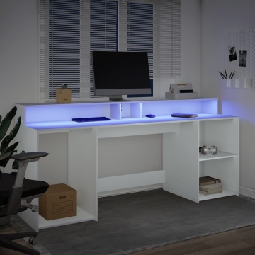 Birou cu lumini LED, alb, 200x55x91 cm, lemn prelucrat - Img 8