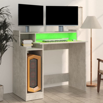 Birou cu lumini LED, gri beton, 97x90x45 cm, lemn compozit - Img 8