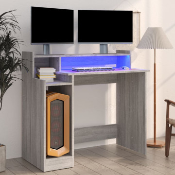 Birou cu lumini LED, gri sonoma, 97x90x45 cm lemn prelucrat - Img 1