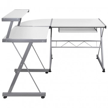 Birou de computer colțar, alb, 132x112x99 cm, lemn prelucrat - Img 3