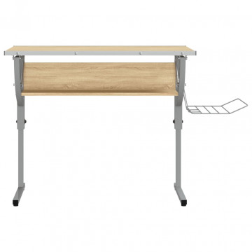 Birou stejar sonoma & gri 110x53x(58-87) cm lemn prelucrat&oțel - Img 3