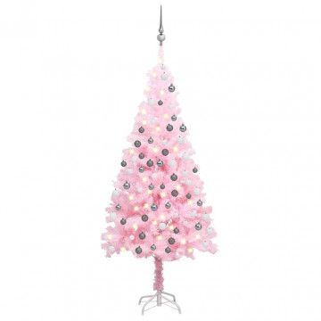 Brad Crăciun pre-iluminat cu set globuri, roz, 120 cm, PVC - Img 1