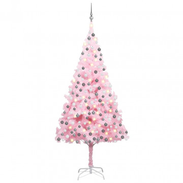 Brad de Crăciun artificial cu LED-uri&globuri roz 210 cm PVC - Img 1