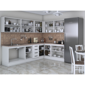 Bucatarie de colt Alfa, Cu vitrina, Alb, Blat termic travertin - Img 2