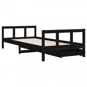 Cadru de pat copii cu sertare, negru, 90x200 cm, lemn masiv pin - Img 6