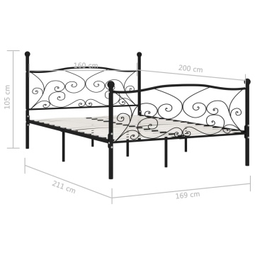 Cadru de pat cu bază din șipci, negru, 160 x 200 cm, metal - Img 5