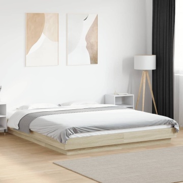 Cadru de pat cu LED stejar sonoma 150x200 cm lemn prelucrat - Img 4